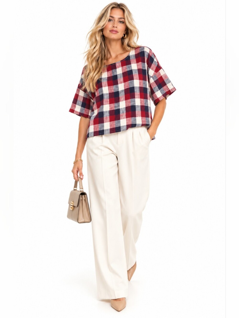 Zara Basic Plaid Check Short Sleeve Blouse Red Navy White XS